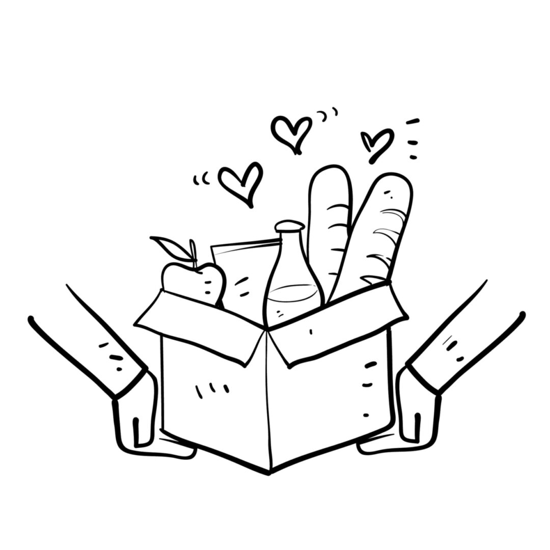 A drawing of someone holding out their box with food in it.