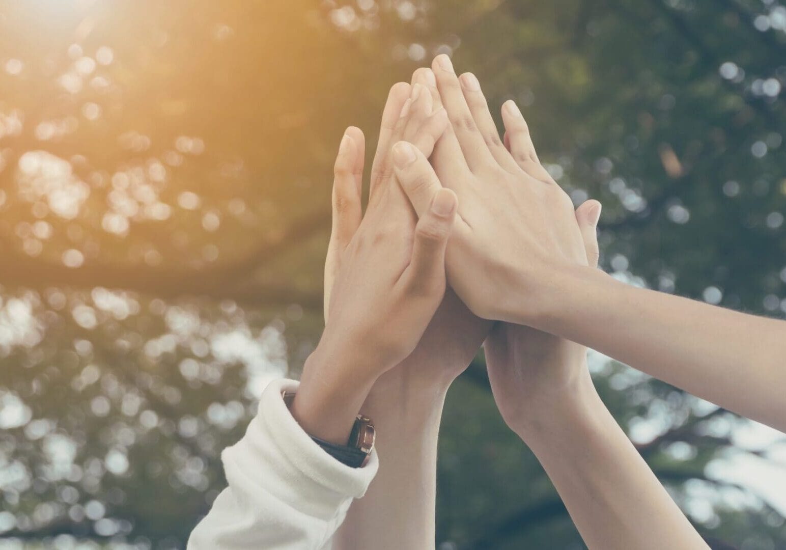 A group of hands pressed together in a high-five gesture, with a sunny outdoor background.